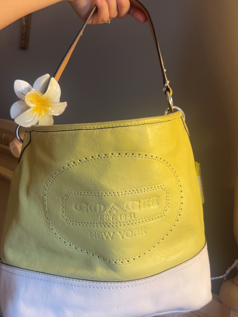 Coach Yellow and White Leather Shoulder Bag